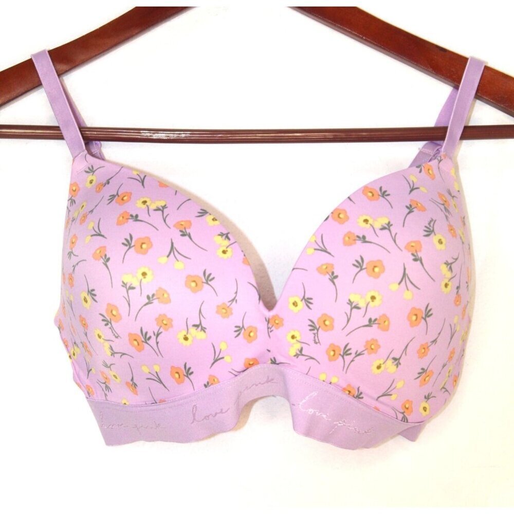 PINK Victoria's Secret 34DD Purple Floral Print‎ Solid Satin Wear Everywhere Bra